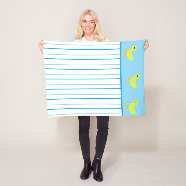 Söta gula ankor ljusblå vita ränder fleecefilt (På plats)
