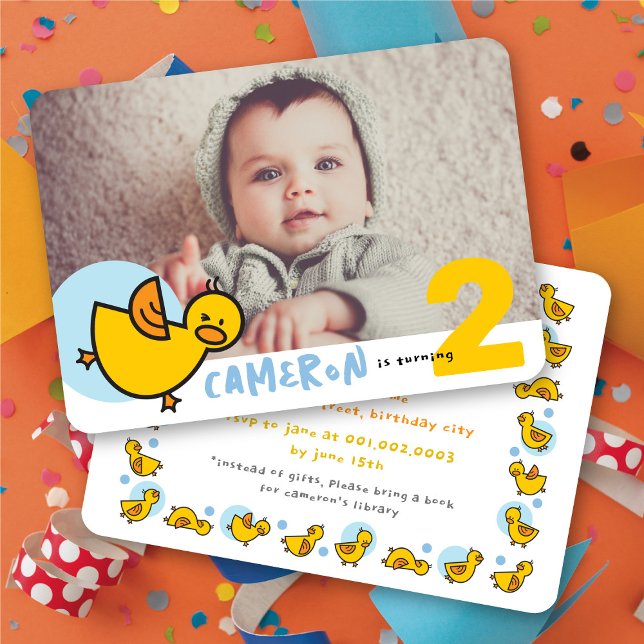 Söta gula ankungar Blå fotoboy Födelsedagsfest Inbjudningar (Cute Yellow Duckies Blue Photo Boy Birthday Party Invitation @ fat_fa_tin)
