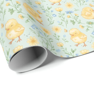 Söta gula kycklingar och blommor Mönster Presentpapper
