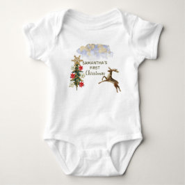 Söta Guld Glitter Träd Hjort Baby Första Julen T Shirt