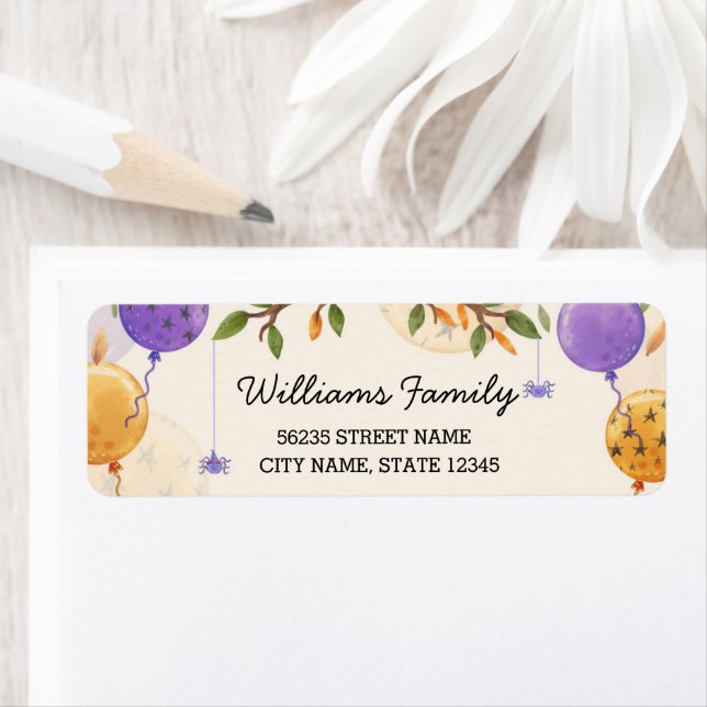 Söta halloween-ballonger orange lila-familj returadress etikett (Insitu)