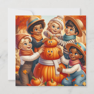 Söta Halloween-barn gör pumpasneperson Julkort