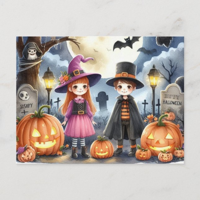 Söta Halloween-barn Vattenfärg Vykort (Framsida)