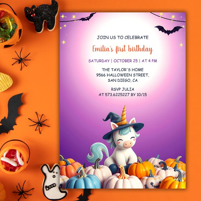 Söta Halloween Enhörningpumpor  Flickas 1-års föde Inbjudningar (Halloween Unicorn First Birthday Invitation for Girls)
