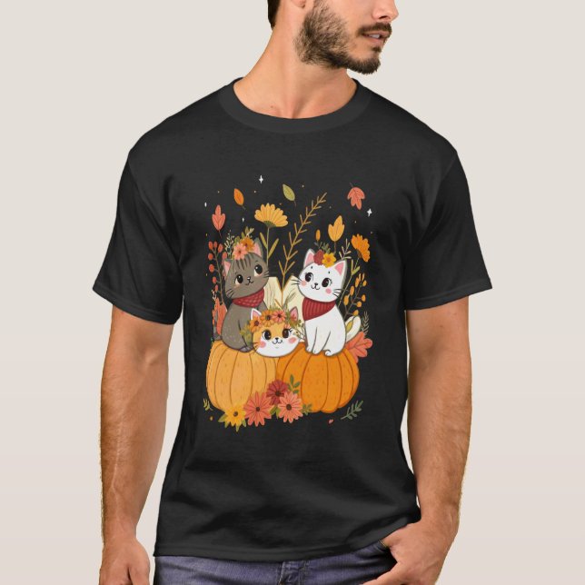 Söta Halloween-katter med pumpor Retro & Fall Flo T Shirt (Framsida)