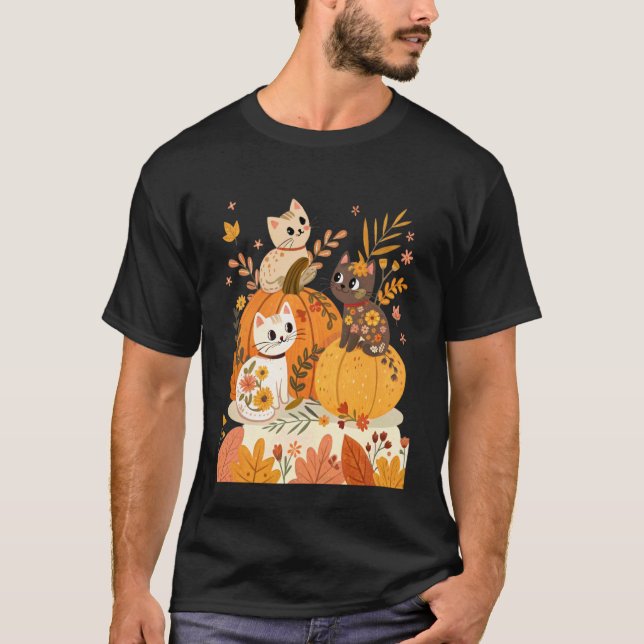 Söta Halloween-katter med pumpor Retro & Fall Flo T Shirt (Framsida)