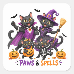 Söta Halloween-katter Tassar och Spells Fyrkantigt Klistermärke
