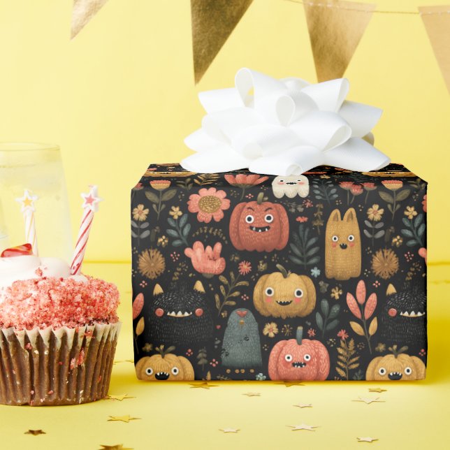 Söta Halloween-monster och pumpamuster Presentpapper (Födelsedagsfest)