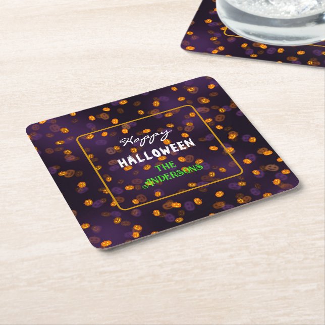 Söta Halloween-pumpa med Bokeh-mönster Underlägg Papper Kvadrat (Vinklad)