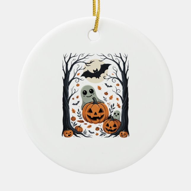 Söta Halloween-spöken och Jack O Lantern-skogen Julgransprydnad Keramik (Framsidan)