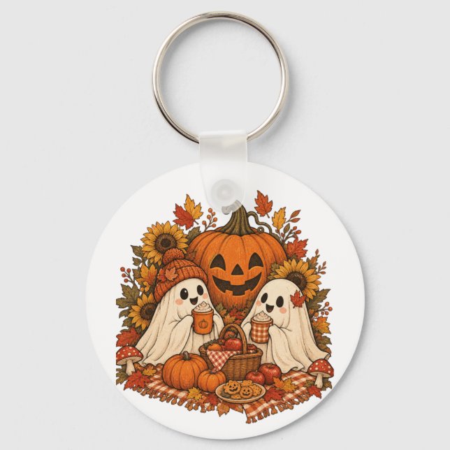 Söta Halloween-spöken Pumpa Höst Picknick Kuslig Nyckelring (Framsida)