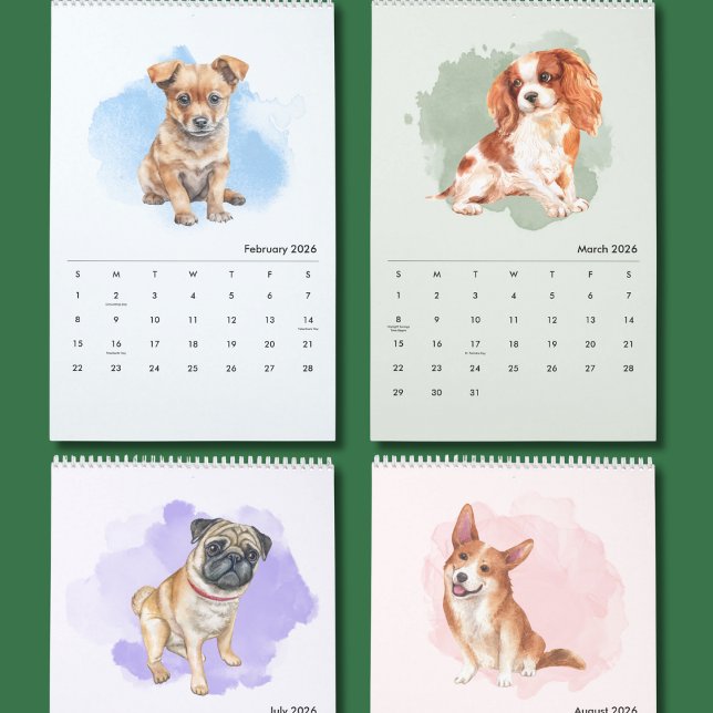 Söta Handmålade Hundar Konst Vägglalender Kalender (Skapare uppladdad)