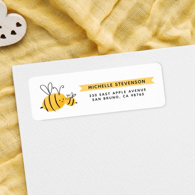 Söta Handritade Bin & Gul Banner Returadress Etikett (Skapare uppladdad)