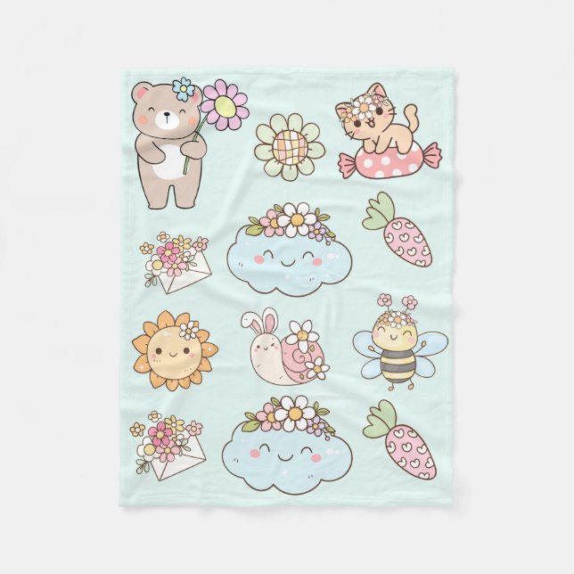 Söta handritade illustrationer Barnkammardekor Blå Fleecefilt (Framsidan)
