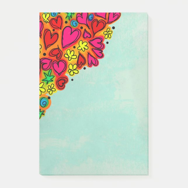 Söta Handritade Klotterhjärtan och Blommor Post-it Block (Framsida)