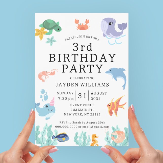 Söta Havsdjur Barnkalas Inbjudningar (Cute Sea Animals Kids Birthday Invitation
)