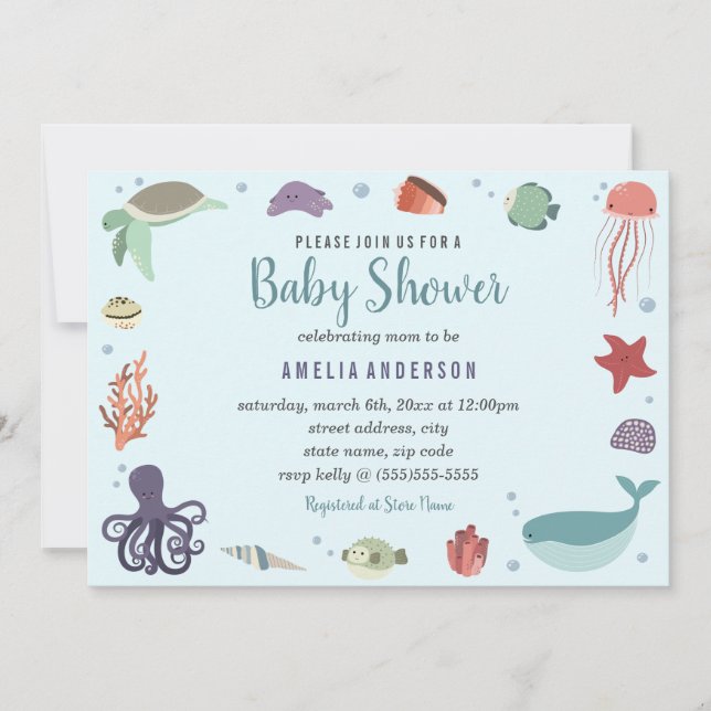 Söta havsdjur Korallblå baby shower Inbjudningar (Framsida)