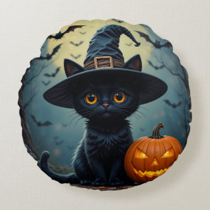 🧙♀️🐾 Söta Häxkatts mysiga Halloweenstämning ✨🎃 Rund Kudde