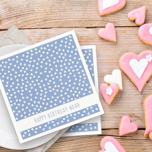 Söta Hearts Personlig Blue Födelsedagsfest Pappersservett (Party Napkins - from my Car and Balloons Valentine Birthday Collection)