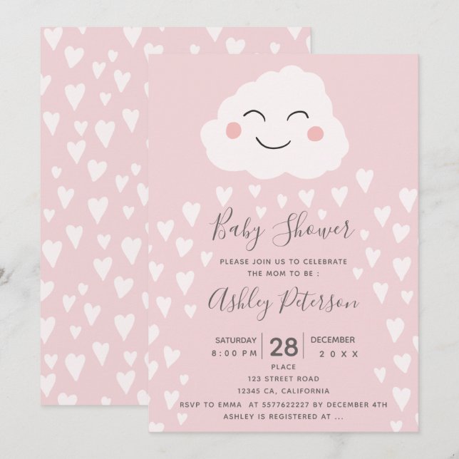 Söta hjärtan moln illustration rosa baby shower inbjudningar (Fram/baksida)