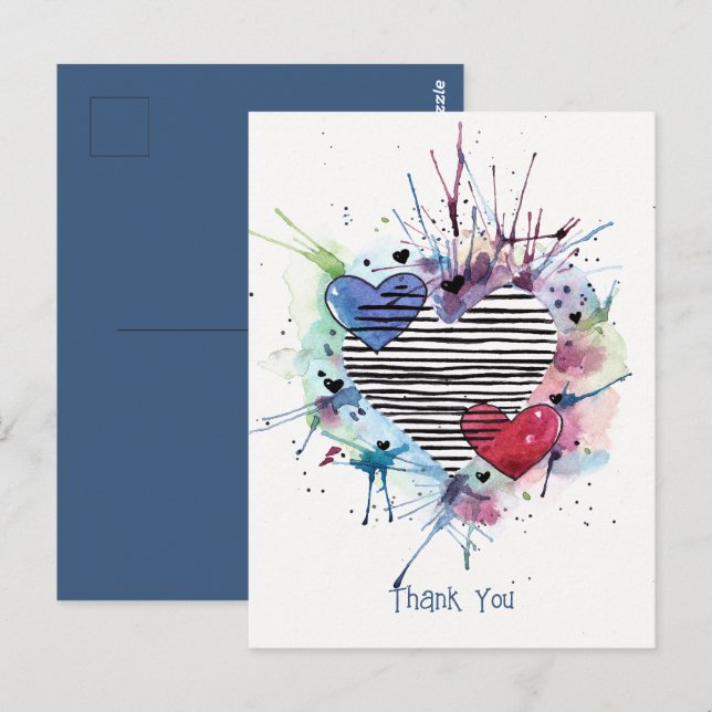 Söta hjärtan och tvättar i akvarell vykort (Fram/baksida)