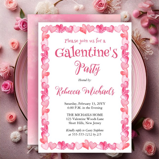 Söta Hjärtans Ram Galentine's Dag Fest Inbjudningar (Sweet Hearts Frame Galentine’s Party Invitation | Pink Watercolor Valentine Invite - Print Digital)