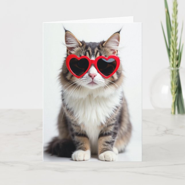 Söta hjärtformade solglasögon kort med katt (Framsida)