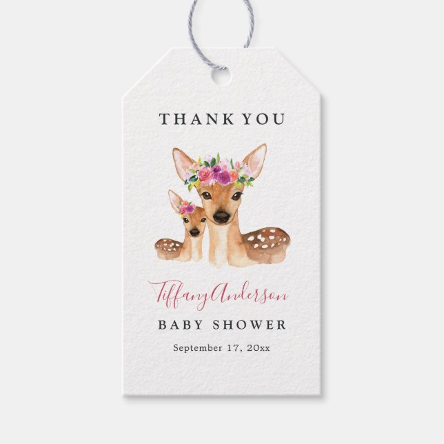 Söta Hjort Mamma och Baby Blommigt Babykläder Märk Presentetikett (Framsidan)