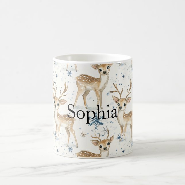 Söta hjortar blå jul snöflingor kaffemugg (Center)