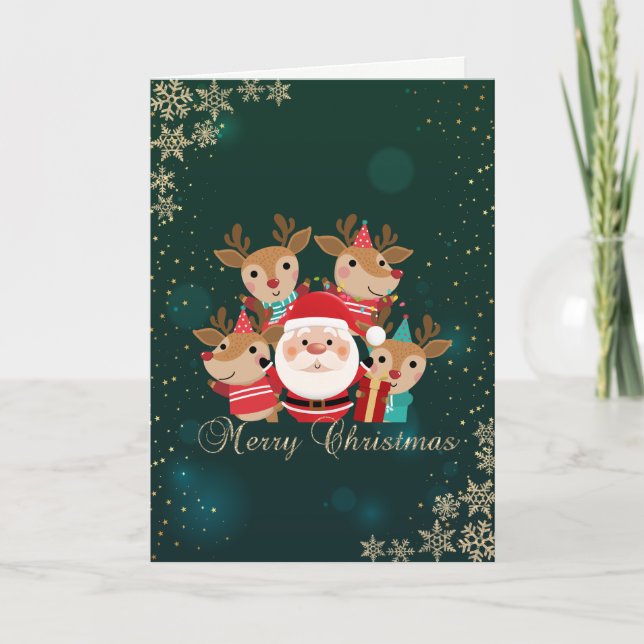 Söta hjortar, tomte, snöflingor julkort helgkort (Framsida)