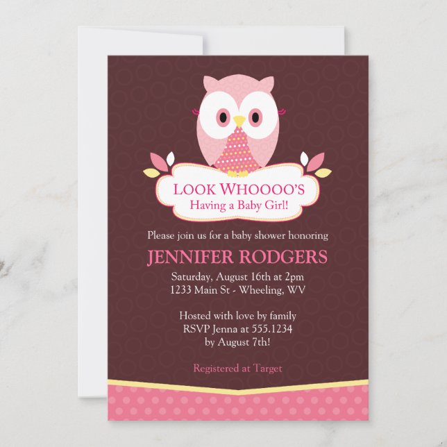 Söta Hoot Uggla Baby Shower-inbjudningar - Rosa Inbjudningar (Framsida)