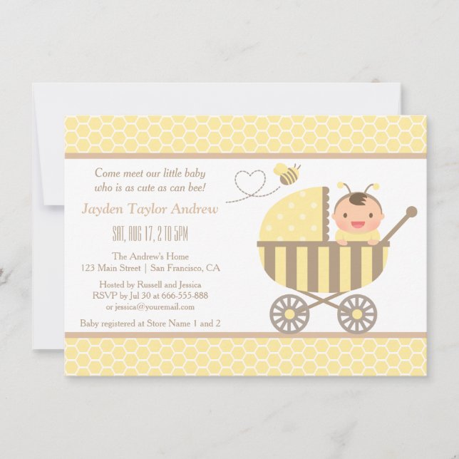 Söta Humlebi-dockvagn Baby Shower-inbjudningar Inbjudningar (Framsida)