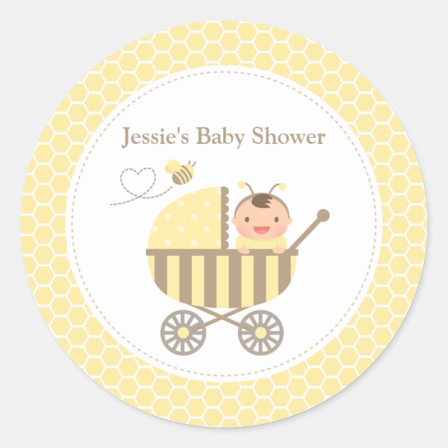 Söta Humlebi Körvagn Babyshower Etiketter (Framsida)