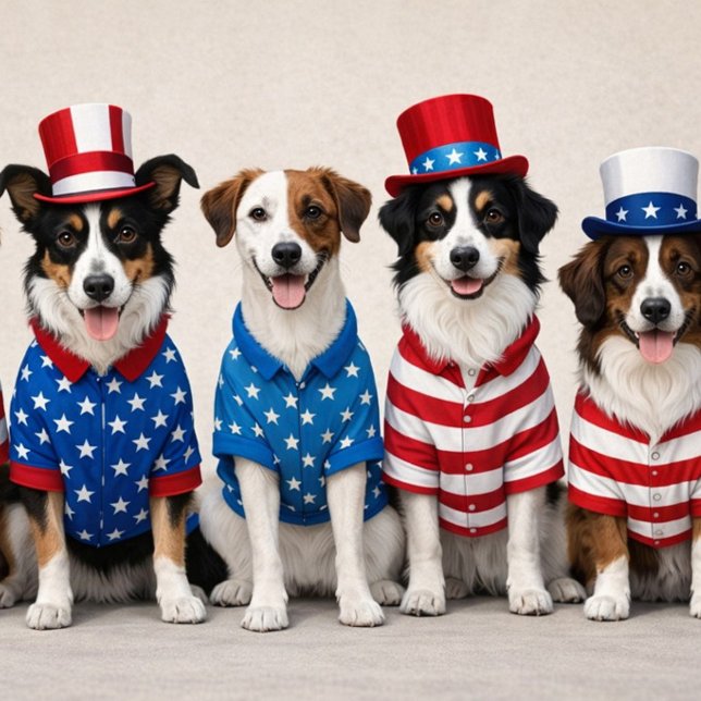Söta hundar från USA i stjärnflaggiga hattar och s ("Star, stripes, and wagging tails")