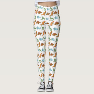 Söta Illustrerade Dinosaurier Över Vit Mönster Leggings