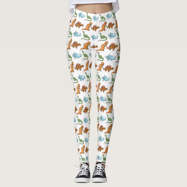 Söta Illustrerade Dinosaurier Över Vit Mönster Leggings (Framsida)