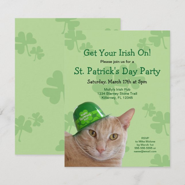 Söta irländska katt inbjudningskort till St. Patri (Fram/baksida)
