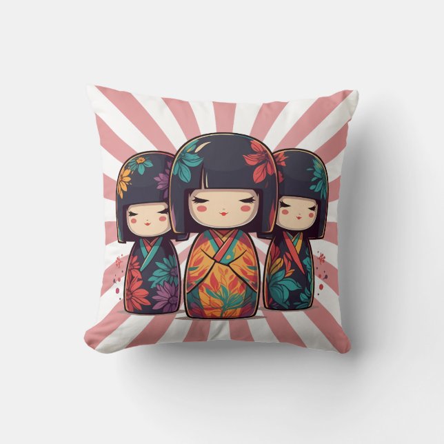 Söta japanska kokeshi-dockor kudde (Framsida)