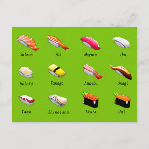 Söta japanska sushi-matsalar av sushi-diagram vykort