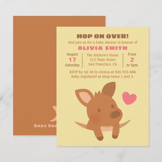 Söta Joey känguru Baby Shower-partyn Invitationer Inbjudningar (Fram/baksida)