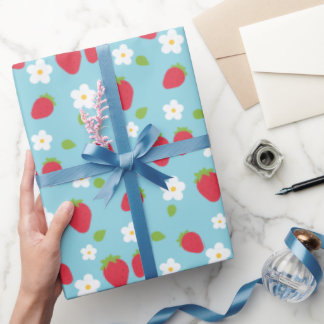 Söta jordgubbar och blommor flickaktig söt kawaii presentpapper