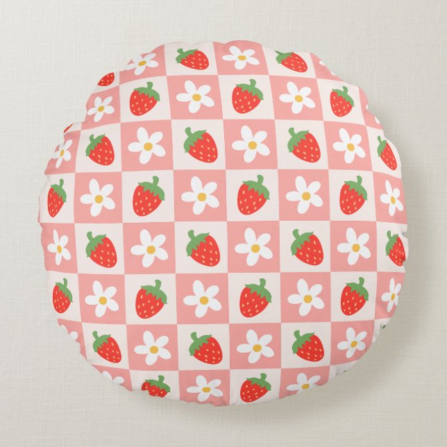 Söta jordgubbar och blommor Rund Pillow Kudde (Framsidan)