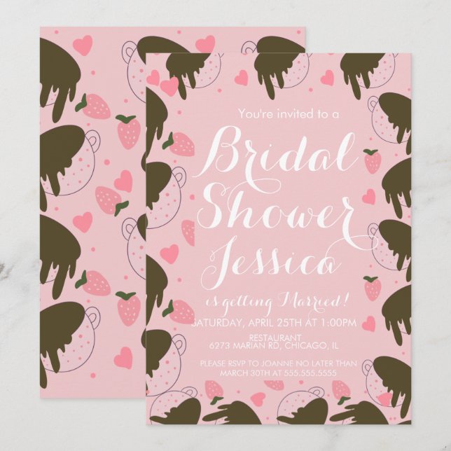 Söta jordgubbchoklad droppande kaffehjärtan inbjudningar (Fram/baksida)