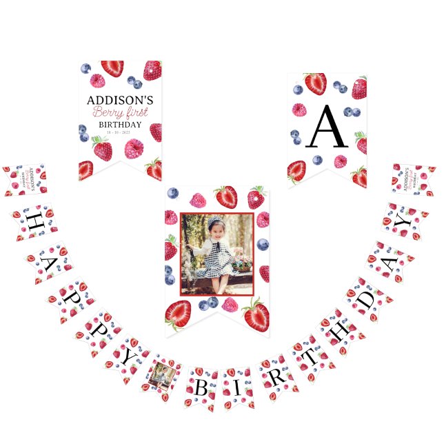 Söta jordgubbsberry - första födelsemotofoto vimplar (Skapare uppladdad)