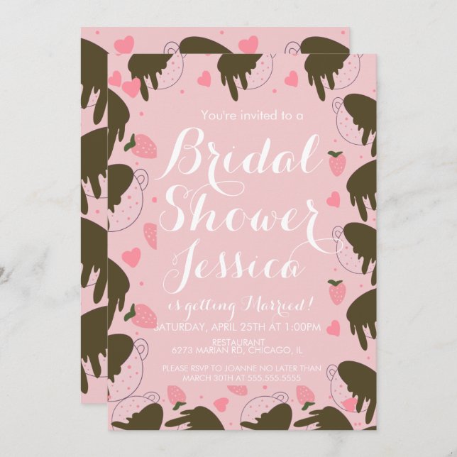 Söta jordgubbskoladrypande kaffehjärtan inbjudningar (Fram/baksida)