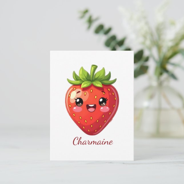 Söta jordgubbsmonogram kawaii vykort (Stående Fram)