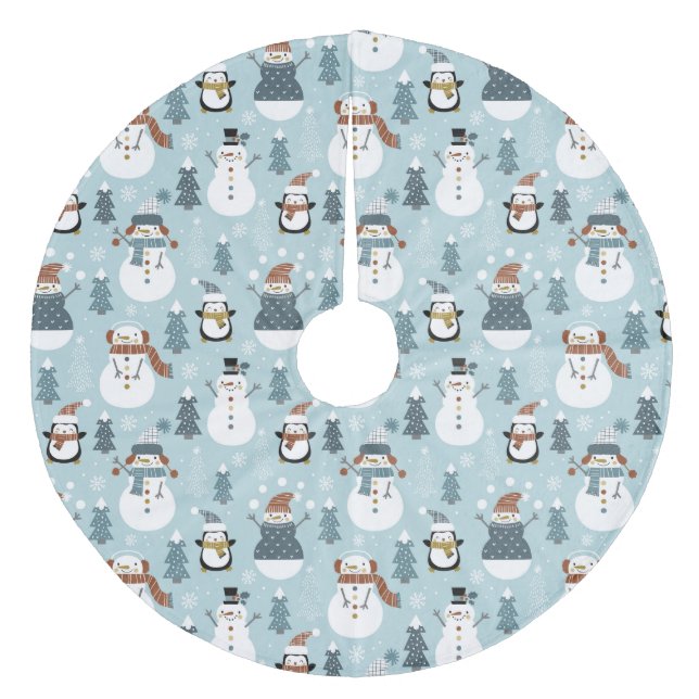 Söta jul-snowmän, träd och pingviner julgransmatta fleece (Framsidan)