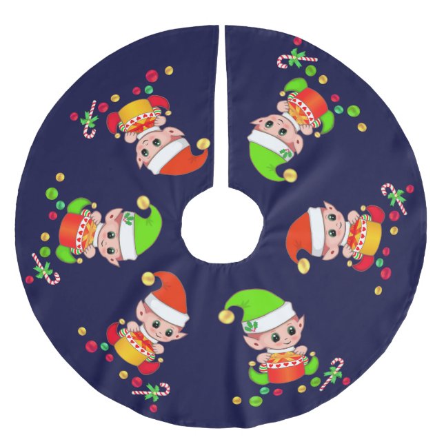 Söta jul-tomtar på marinblå julgransmatta borstad polyester (Framsidan)