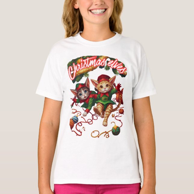 Söta jul tomte älva katter–Perfekt julpresent T Shirt (Framsida)