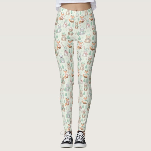 Söta juldjur sömlöst mönster leggings (Framsida)